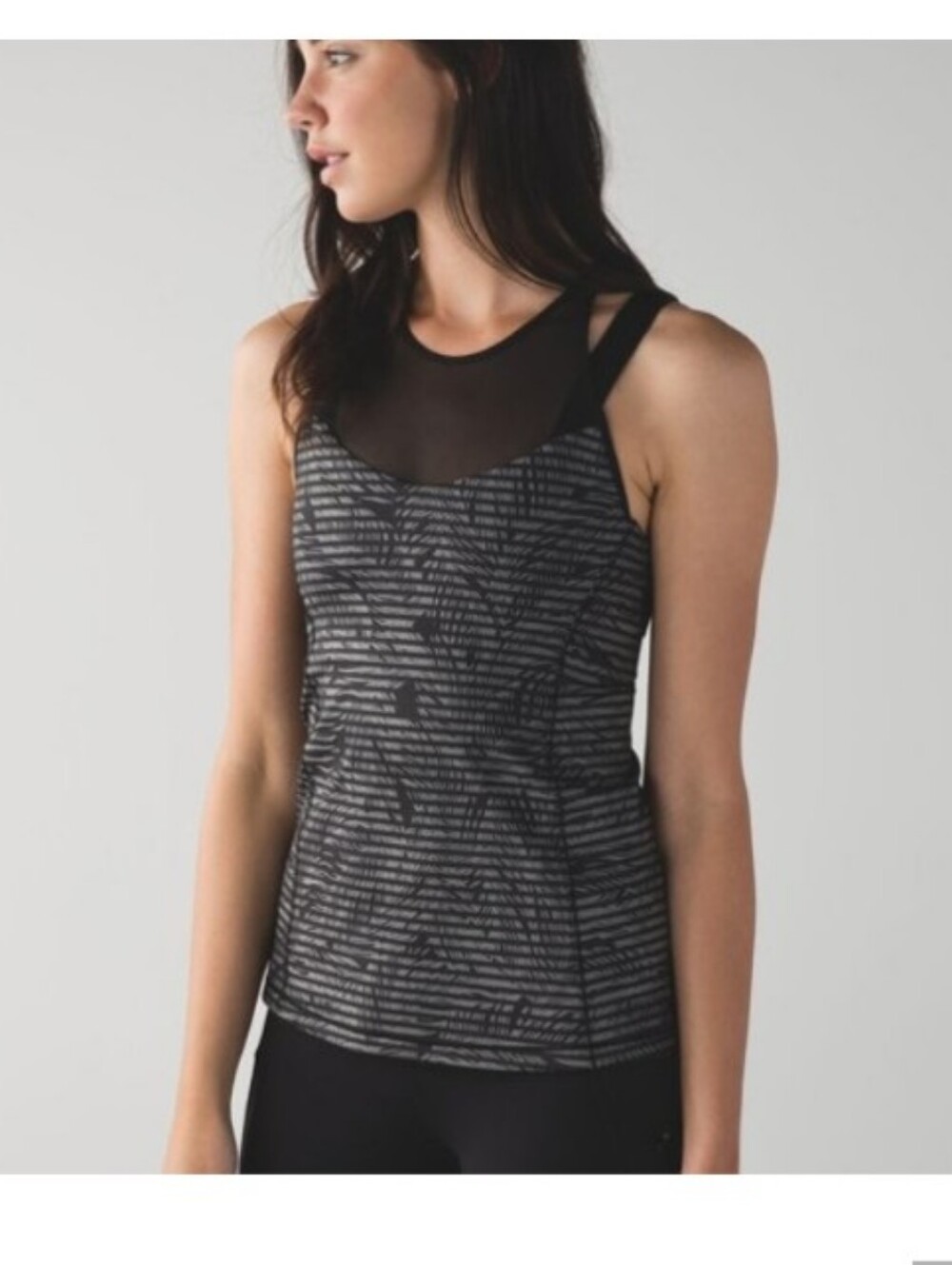 lululemon athletica Black and Gray Striped Mesh Yoke Tank